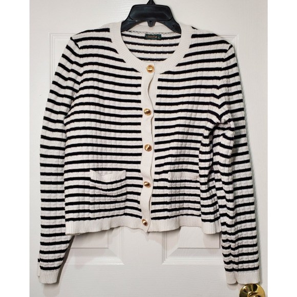 Ofeefan Sweaters - Women’s Ivory Button-Front Cardigan Sweater – Textured Grid Pattern – Size XL